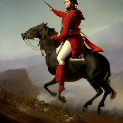 Image similar to Napoleon Bonaparte riding his electric scooter to battle by Jeremy Lipkin and Giuseppe Dangelico Pino, oil on canvas, epic pose, 8k