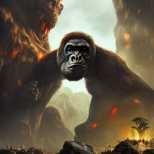 Prompt: King Kong in the Dangerous Skull Island, fantasy art, in the style of greg rutkowski, illustration, epic, fantasy, intricate, hyper detailed, artstation, concept art, smooth, sharp focus, ray tracing