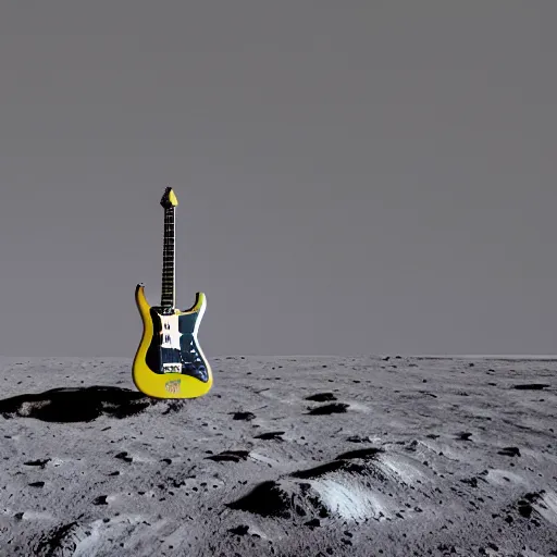 Image similar to real photo of a stratocaster electric guitar standing idle on the moon. detailed. 8k