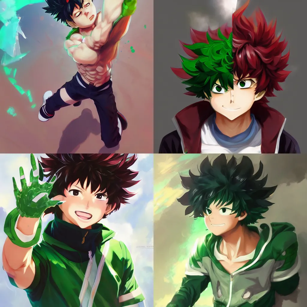 Prompt: anime boy Izuku Midoriya pixiv by Stanley Artgerm Lau, WLOP, Rossdraws, James Jean, Andrei Riabovitchev, Marc Simonetti, and Sakimichan, trending on artstation