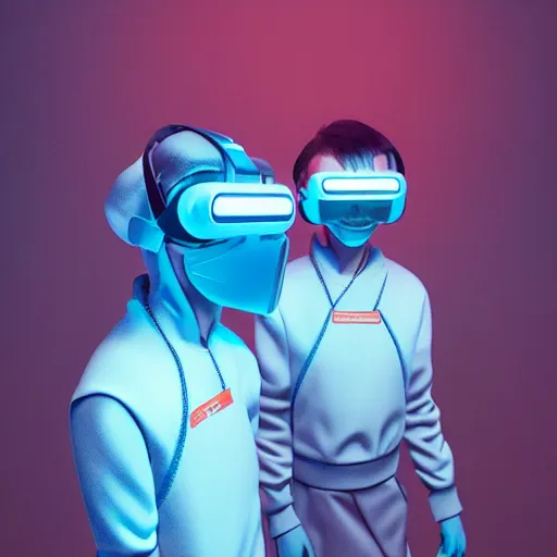 Prompt: intense futuristic bespoke vr headset respirator on a set of twin ninja hypebeasts, by ilya kuvshinov and james jean and sorayama and ikeuchi and hiroya oku and gilleard james, artstation trending, 8 k, 3 d render, photorealistic, volumetric lighting caustics, sky blue