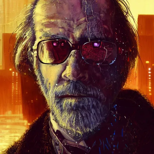 Image similar to cyberpunk, closeup portrait of a shaggy old cyberpunk broker, bald, tired eyes, tattered tweed jacket, dramatic light, city background, sunset, dystopian setting, high contrast, sharp, neuromancer, the finn, painted by stanley lau, painted by greg rutkowski, painted by stanley artgerm, digital art, trending on artstation
