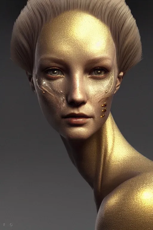 Image similar to beautiful portrait of a female robot, dystopian, biopunk, detailed skin, digital painting, sculpted in zbrush, artstation, concept art, smooth, sharp focus, illustration, chiaroscuro, soft lighting, peaceful ambient, golden ratio, rule of thirds, fibonacci, incredible art by Stanley Artgerm Lau and Greg Rutkowski, composition by mike mignola and Simon Stalenhag,