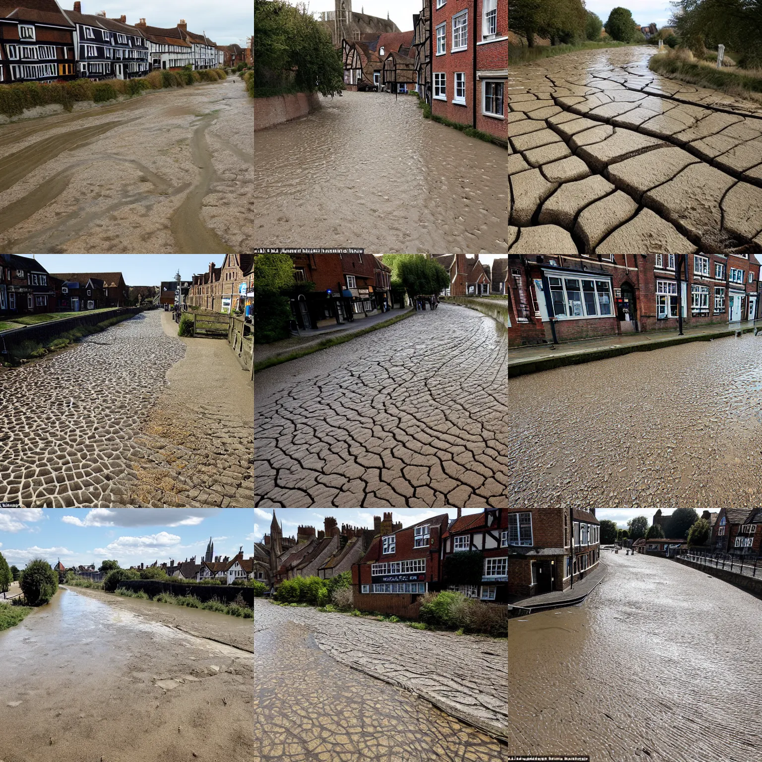 Prompt: dried up riverbed of the stour in canterbury, taken from the high street, during a drought