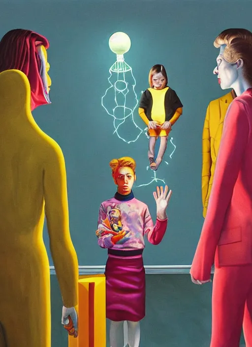 Image similar to painting of a gucci costumed family being shown how to open magic portals by a large glowing alien in their suburban living room maze, designed by gucci and wes anderson, energetic glowing orbs in the air, cinematic look, in the style of edward hopper, james jean, petra collins and mc. escher