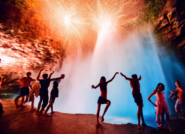 Image similar to people dancing under a waterfall highly detailed sharp zeiss lens 3 5 mm kodachrome film masterpiece ryan mcginley moonmilk fireworks trees nature running cave with blue ambient lighting