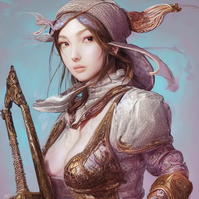 Image similar to portrait of neutral good colorful female cleric bard healer as absurdly beautiful, elegant, young skinny gravure idol, ultrafine hyperdetailed face illustration by kim jung gi, irakli nadar, intricate linework, sharp focus, bright colors, octopath traveler, final fantasy, unreal engine highly rendered, global illumination, radiant light, detailed intricate environment