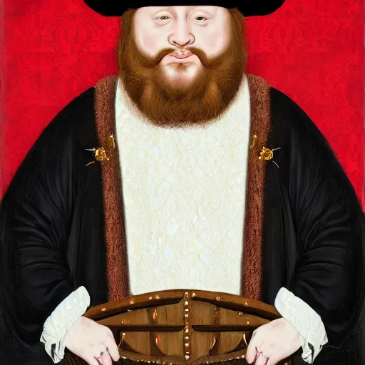 Image similar to action bronson stoned, portrait, action bronson as king henry viii, regal hat, king, stately, painting