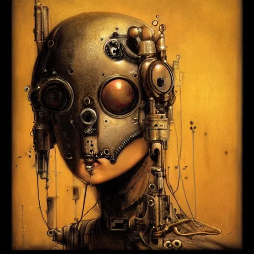 Prompt: Cute steampunk cyberpunk girl portrait with mask by Beksinski