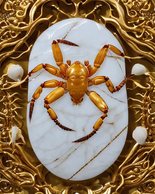 Prompt: white calacatta gold marble, white and gold kintsugi, ehite marvle bas relief carving, feminine, crabs, spiders, scorpions, tarantulas, carving by hr geiger, stunning, highly detailed, intricately detailed, octane, 8 k, trending on artstation
