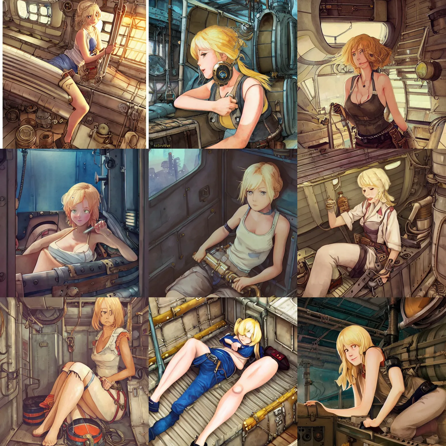 Prompt: Character portrait of a tank top-clad blonde female airship mechanic resting in her cramped bunk, steampunk, highly detailed, artstation, watercolor, concept art, by Kyoto Animation and Studio Ghibli, by Ilya Kuvshinov