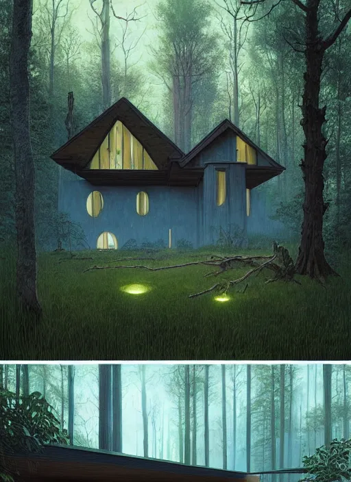 Image similar to hyper realistic witchy modern house with mood lighting and tech in the woods gorgeous lighting, blue sky, highly detailed, lush forest foliage painting by zdzisław beksinski and norman rockwell and greg rutkowski weta studio, and lucasfilm