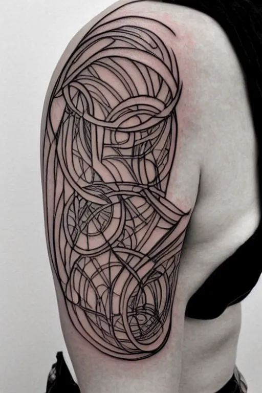 Prompt: straight mirrored minimalist art nouveau left shoulder tattoo, wide, intricate detail, simple lines