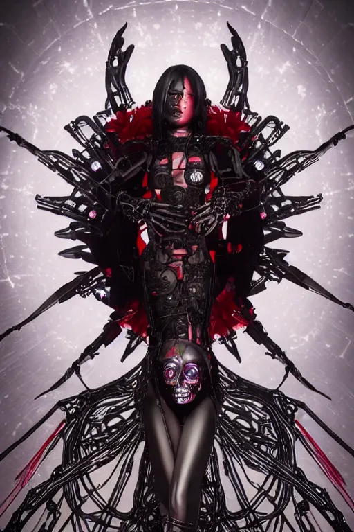 Image similar to full-body cyberpunk style sculpture of a young beautiful dark priestess, half android with a head opening exposing circuitry, glowing red eyes, black roses, flowing blood red colored silk, fabric, candles. baroque elements. human skull. full-length view. baroque element. intricate artwork by caravaggio. crows flying in background. Trending on artstation, octane render, cinematic lighting from the right, hyper realism, octane render, 8k, depth of field, 3D