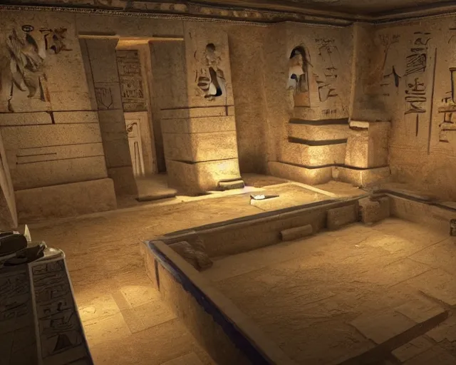 Image similar to screenshot ps 5 videogame in an ancient egypt undiscovered room with a box full of money ingots and gems and precious, concept art, architecture design, pyramids style, rtx, nvidia, renderer, stunning graphics