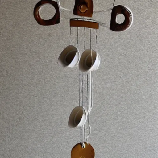 Prompt: This is a sketch of a wind chime made from the pieces of a broken mug. It shows the mug handle as the top piece with strings attached to it, and the bottom pieces of the mug hanging down like little bells, sketch, illustration