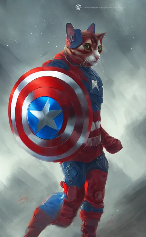 Image similar to cat as captain america, dynamic lighting, cinematic, ultra detailed, trending on art station, stunning visuals, creative, fantasy concept art