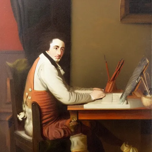 Image similar to 18th century painting of a man sitting at his desk, frustrated with his computer, oil painting, very detailed, 4k