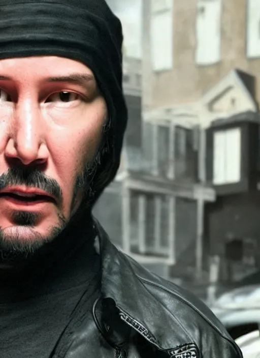 Image similar to Keanu Reeves cast as Eminem, still from 8 Mile, hyperrealistic, 8k, Octane Render,