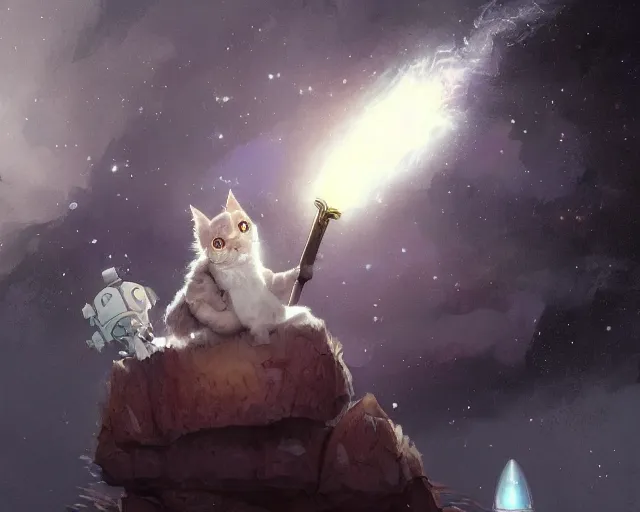 Image similar to a single cartoonish kitten dressed as Gandalf floating in space, bright stars, anime, a fantasy digital painting by Greg Rutkowski and James Gurney, trending on Artstation, highly detailed