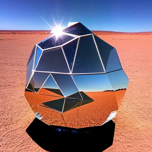 Image similar to big angular crystal in the desert, reflection from the crystal is sparkling due to sun, small starship near, futuristic, hi-tech details, style jean giraud