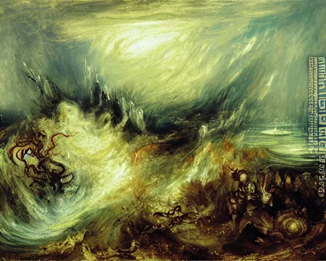 Prompt: an oil painting of cthulhu fighting an army in a forest, turner