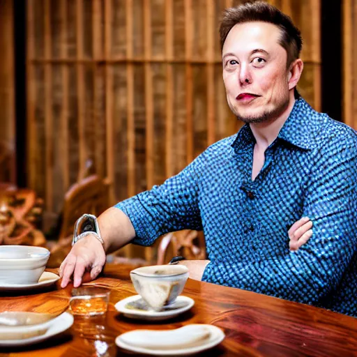 Image similar to A Photo Portrait of elon musk Wearing Indonesian Batik at a fancy Balinese restaurant, award winning photography, sigma 85mm Lens F/1.4, blurred background, perfect faces