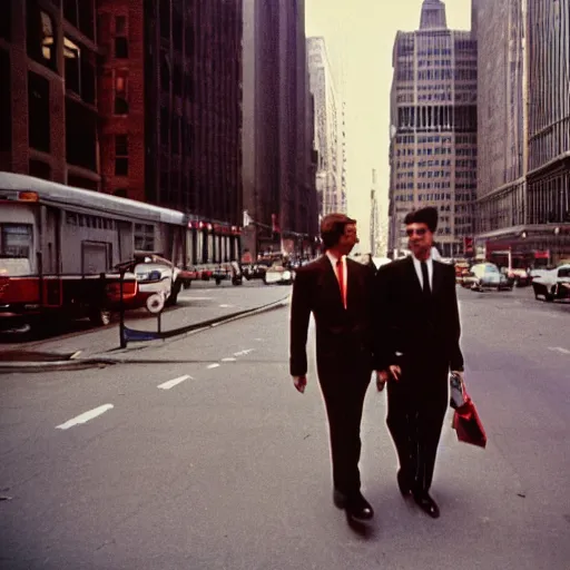 Prompt: analog medium format bokeh portrait of a couple of business men walking in new york, 1 9 6 0 s, colourful, photographed on expired film, detailed photograph
