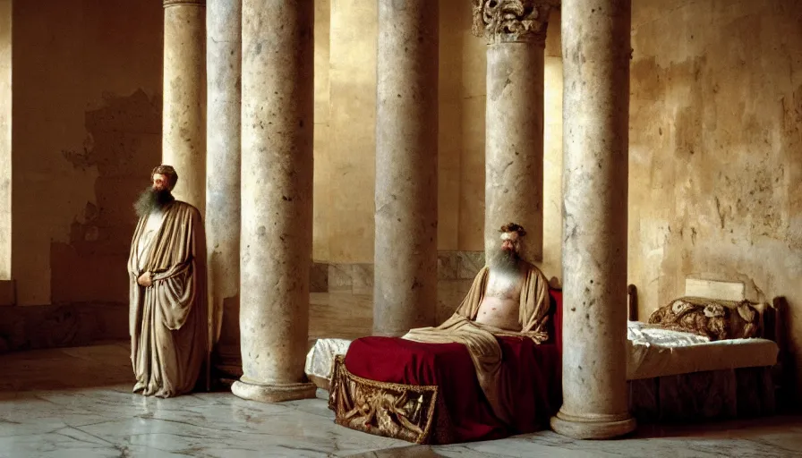 Prompt: movie still by tarkovsky portrait of emperor marcus aurelius, skinny and ill in his bed with drapery in a ancient rome room with columns next to the ocean, cinestill 8 0 0 t 3 5 mm, high quality, heavy grain, high detail, cinematic composition, dramatic light, anamorphic, hyperrealistic