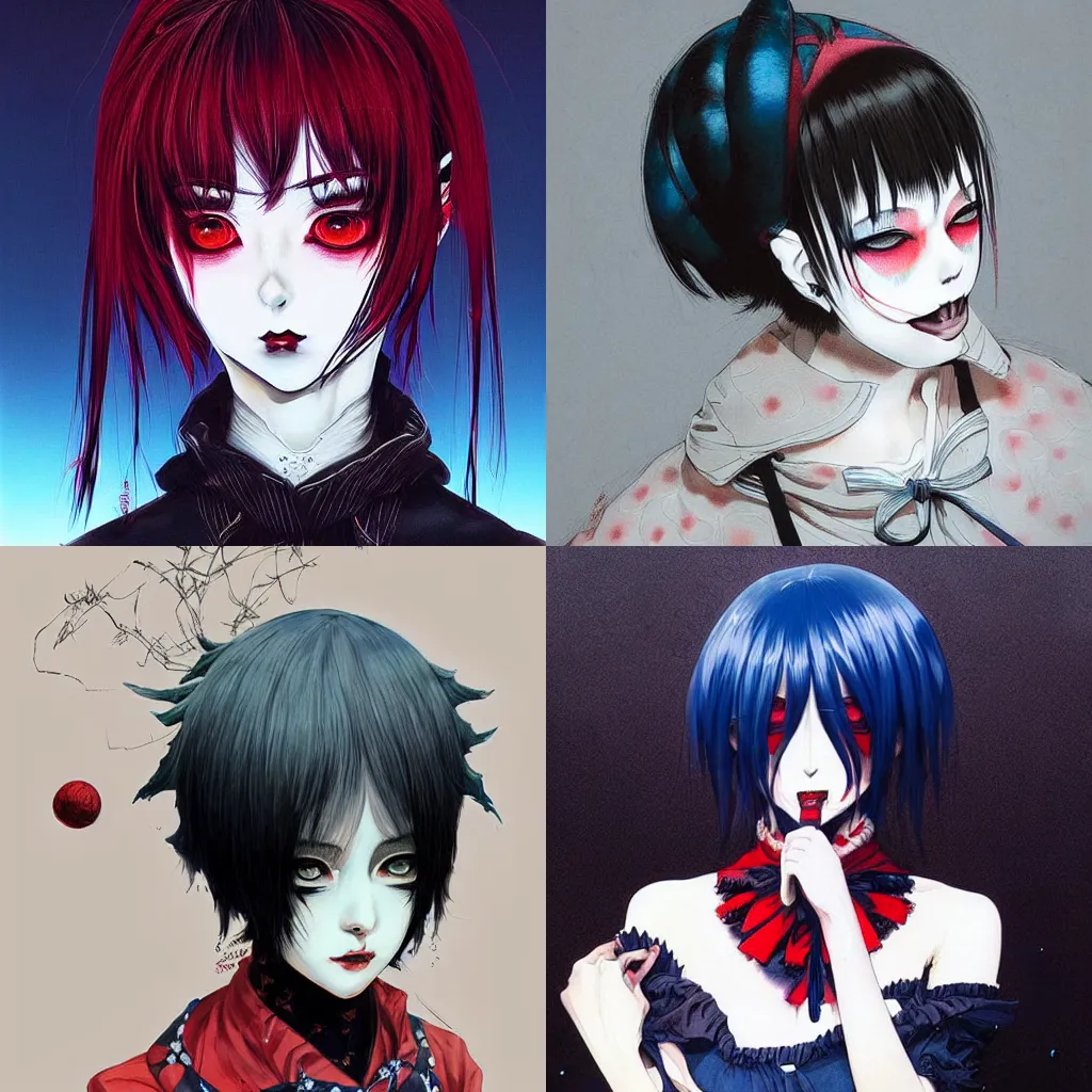 Prompt: beautiful! coherent! detailed! expert! professional manga seinen portrait art of an emo goth jester clowngirl, painted by ilya kuvshinov!!! and designed by tsutomu nihei and zdzislaw beksinski