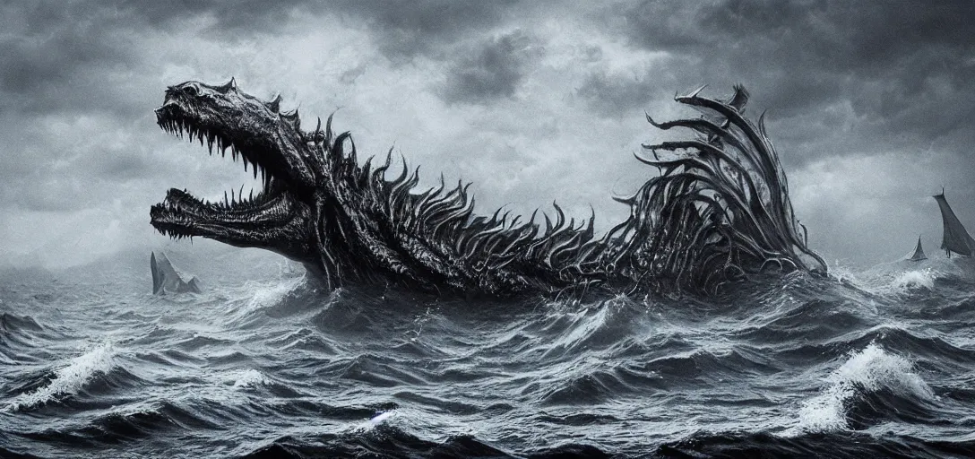 Image similar to Giant Sea Monster in treacherous waters, gothic art, color, eerie, horror, scary, ominous, 8k, highly detailed