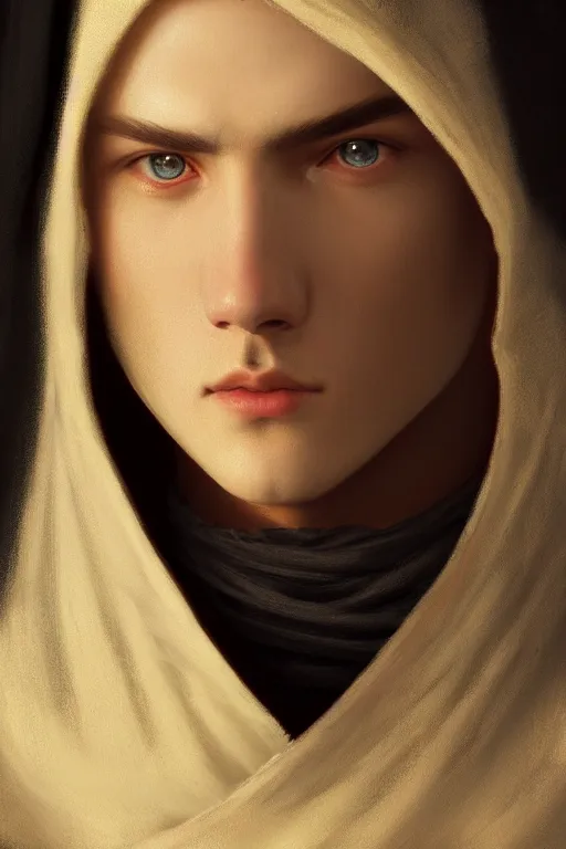 Image similar to He wears a hood to hide his features, but upon closer inspection you discover that half of his face is not what it should be, illustration, soft lighting, soft details, dark mood, painting oil on canvas by Edmund Blair Leighton and Charlie Bowater octane render trending on artstation d&d characters, 4k, 8k, HD