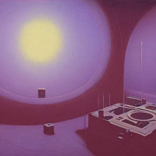 Prompt: painting of a syd mead scifi ancient civilzation empty room, purple sun, beksinski