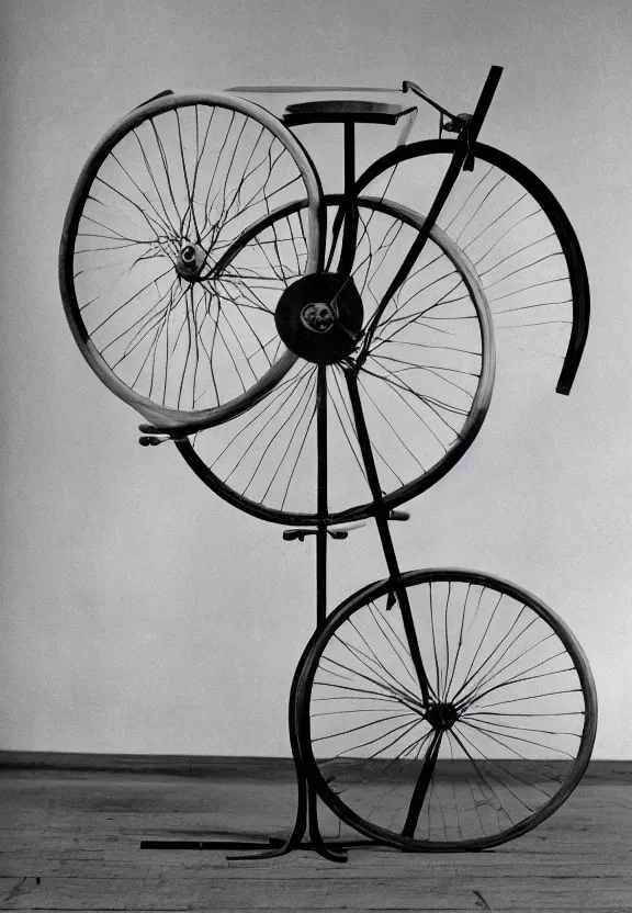 Prompt: an object on a table in a vast room, by marcel duchamp, archival pigment print, 1 9 2 0, academic art, conceptual art, white bicycle wheel