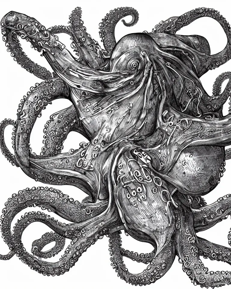 Image similar to a detailed scientific anatomical illustration of an alien cybernetic octopus