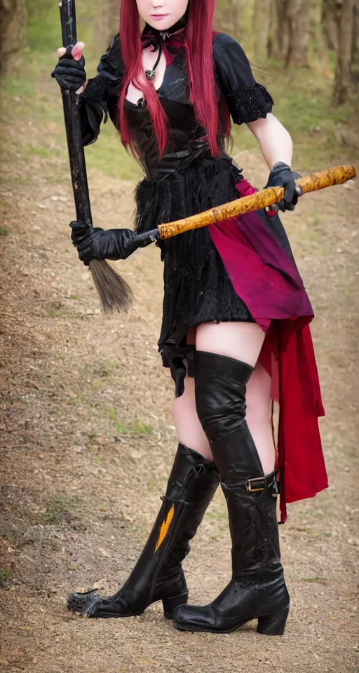 Image similar to young woman witch with magic wand and broom cosplay, she wears boots, full body shot, detailed face, photo taken by nikon, 4k, high quality, very detailed, intricant