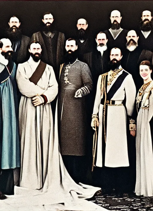 Image similar to a royal court gathering of tsar nicholas, rasputin, circa 1 9 1 4 but as a real life color photo