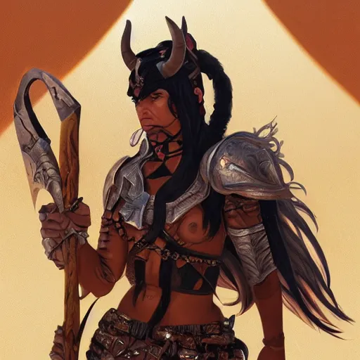 Prompt: portrait of a strong fierce female berber tiefling barbarian with devil horns and black hair in a ponytail wearing a steel chestplate in a desert, fantasy, highly detailed, digital painting, artstation, concept art, character art, art by greg rutkowski and tyler jacobson and alphonse mucha