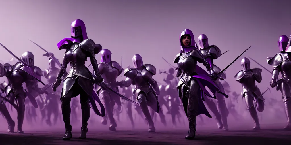 Image similar to painting of lady in purple leading an army of riding knights, hyper - realistic, unreal engine, octane render, digital art, trending on artstation, 8 k, detailed, atmospheric, immaculate