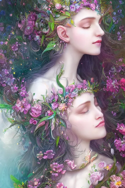 Prompt: a portrait of a beautiful elvish goddess with flowers in her hairs , hd, 4k, 8k, highly detailed, sharp, ethereal, astral environment in style of Anna Dittmann and Mark Arial and Artgerm