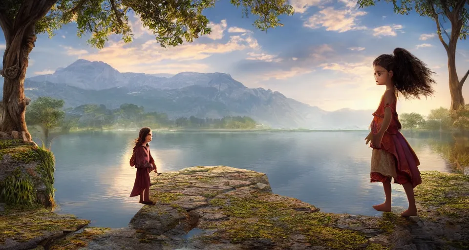 Prompt: spectacular ancient little girl with rugs standing on the edge of the beautiful lake. morning time an amazingly beautiful scene. beautiful lighting, 4 k post - processing, trending in art station, cg society, highly detailed, 5 k extremely detailed, 3 d. cinematic scene.