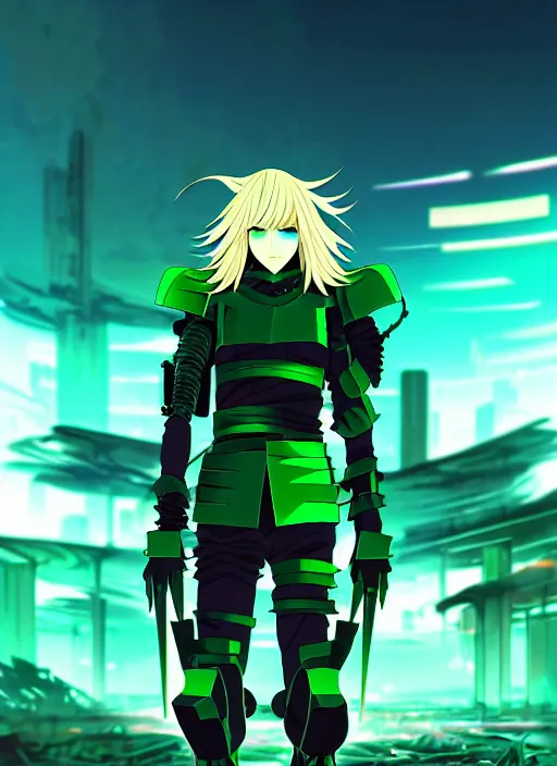 Image similar to a striking cinematic anime full body portrait of a male warrior with long blonde hair and blue eyes wearing evil green spiked cyberpunk armour and standing in the desolate burning ruins of a futuristic city by hirohiko araki and beeple, fine details, digital art, character concept art, volumetric lighting, cinematic light