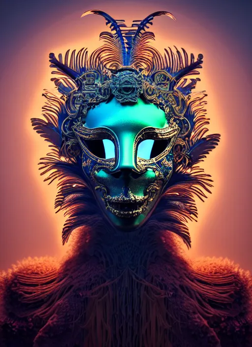 Image similar to 3 d venetian mask portrait, sigma 5 0 0 mm f / 5. beautiful intricate highly detailed quetzalcoatl skull and feathers. bioluminescent, plasma, lava, ice, water, wind, creature, thunderstorm! artwork by tooth wu and wlop and beeple and greg rutkowski, 8 k trending on artstation,