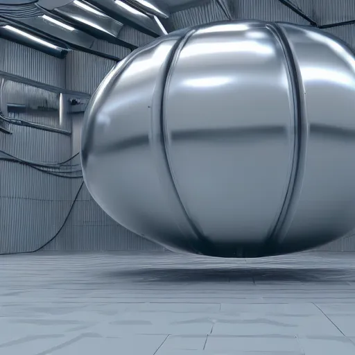 Image similar to big metallic capsule connected to pipelines, purpose is pump, standing in large industrial hall, designed by best engineers, raytracing, reflections