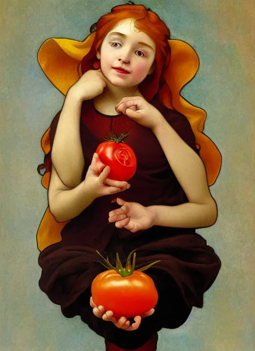 Image similar to Girl with a tomato, in the style of Raphael and Mark Ryden and Alphonse Mucha,