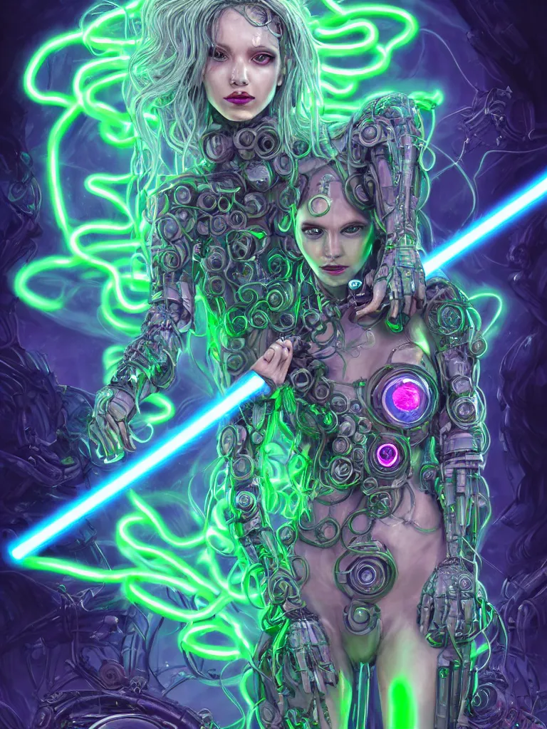 Prompt: half covered body portrait of a beautiful cyber witch medusa, jedi, keys, in a cyberpunk garden, mystic unity, becoming one with the machine overlord, elegant pose, body covers with neon crystals, detailed sketch drawing, concept art, star wars