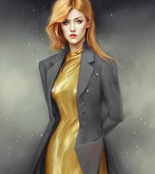 Image similar to katherine mcnamara wearing a golden dress, grey hair, red necktie, cinematic, stunning, highly detailed, digital painting, artstation, smooth, hard focus, full body shot, illustration, art by artgerm and greg rutkowski and alphonse mucha