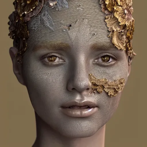 Image similar to beatifull face portrait of a woman, 150 mm, anatomical, flesh, flowers, mandelbrot fractal, facial muscles, veins, arteries, intricate, golden ratio, full frame, microscopic, elegant, highly detailed, ornate, ornament, sculpture, elegant , luxury, beautifully lit, ray trace, unreal, 3d, PBR, in the style of peter Gric , alex grey and Romero Ressendi