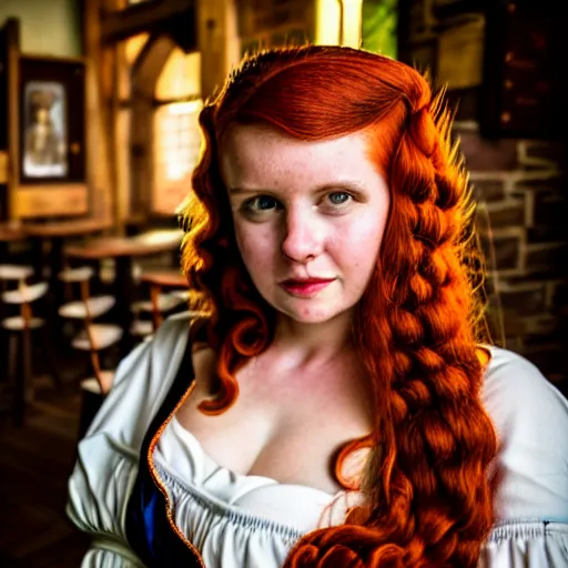 Image similar to beautiful bar maid with auburn hair, in a medieval tavern, dramatic, cinematic, filmic, 7 5 mm, f / 1. 8