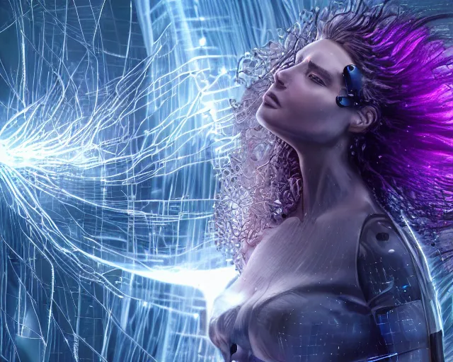 Image similar to glowing hair, complex cybernetic beings, beautiful hairy humanoids, cybermagnetosphere, cybernetic civilizations, ornate hair, love, joy, vortexes, large arrays, data holograms, 8 k, cinematic light shadows, wet hdr refractions, *, * * *, * * * * *